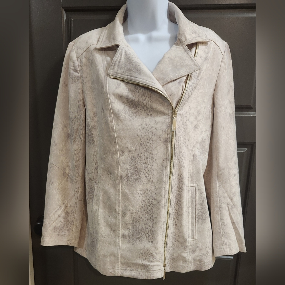 NWT Chico's Faux Suede Longer Moto Jacket Animal Print Cream Chico's Size 1